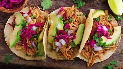 carnitas. Flat lay of Mexican street tacos with fresh ingredients, highlighting vibrant flavors and rustic appeal. menu design.
