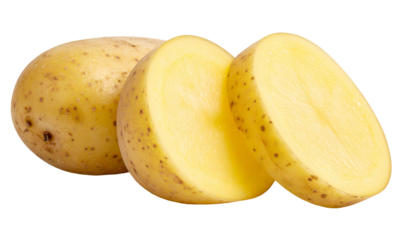 Close-up of sliced potatoes, revealing starchy interior against a solid black background