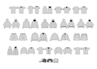 Clothing patterns shirts hoodies jackets shorts vests caps various styles displayed as design sketches