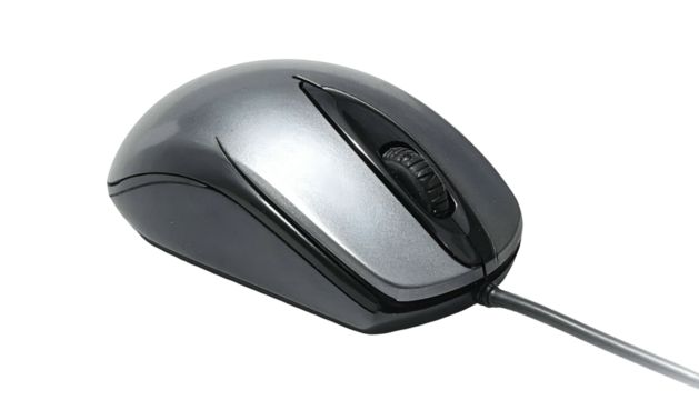 Computer mouse, featuring scroll wheel, buttons, and attached cable, against a black backdrop