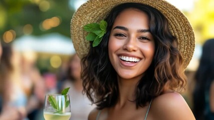 Happy young woman in straw hat smiling and holding cocktail drink at outdoor social gathering - Powered by Adobe