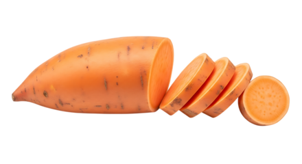 Fresh orange sweet potato, whole and sliced, isolated on transparent background