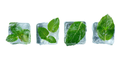 Four ice cubes, each with a green herb leaf frozen inside