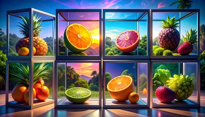 Tropical fruit display: Pineapples, oranges, and limes in geometric glass boxes with vibrant landscape backdrops