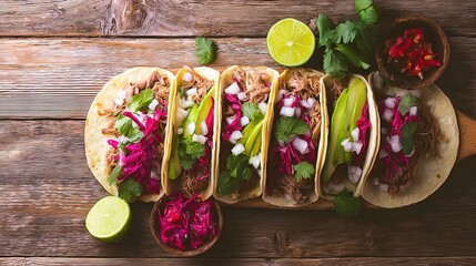carnitas. Flat lay of Mexican street tacos with fresh ingredients, highlighting vibrant flavors and rustic appeal. menu design.