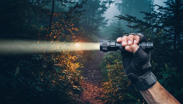 Hand holding a powerful flashlight shining a bright beam on a mysterious, dark forest path, concept for adventure, exploration and safety.