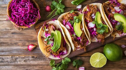carnitas. Flat lay of Mexican street tacos with fresh ingredients, highlighting vibrant flavors and rustic appeal. menu design.