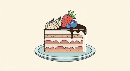 Illustration of a slice of cake with berries and chocolate topping