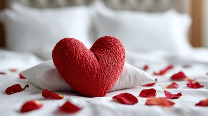 A red heart-shaped pillow on a bed with rose petals, symbolizing love and romance.