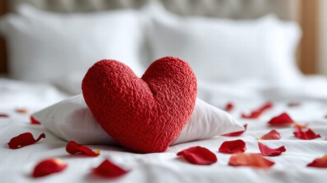 A red heart-shaped pillow on a bed with rose petals, symbolizing love and romance.