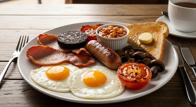 Traditional English breakfast with eggs, bacon, and sausages on plate  
