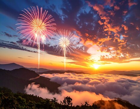 Spectacular evening vista showcases vibrant fireworks exploding above cloud-filled valleys at sunset, mountain silhouettes adding depth - Powered by Adobe
