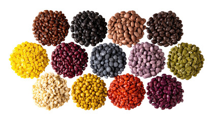 Assorted colorful candies in various round piles on black