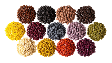 Assorted colorful candies in various round piles on black