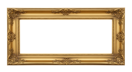 Ornate golden picture frame with intricate carvings isolated on transparent background