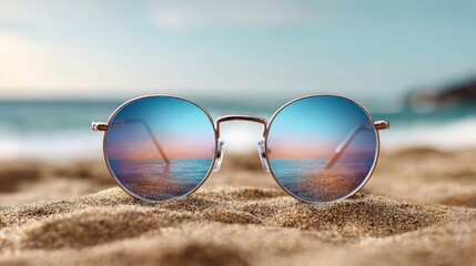 Stylish sunglasses on a sandy beach reflecting the ocean and sunset