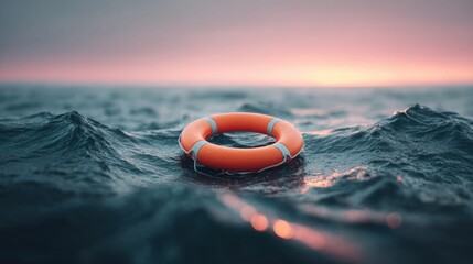 Orange life preserver floats serenely on the ocean at sunset, a symbol of hope
