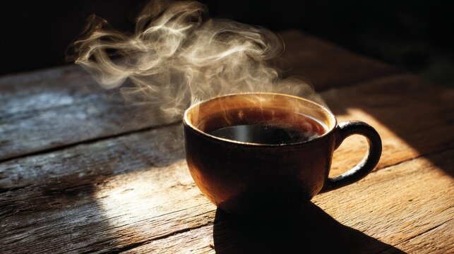 On a rustic wooden table, a warm cup of coffee sits, releasing fragrant steam into the air. Morning sunlight streams in, creating a cozy atmosphere
