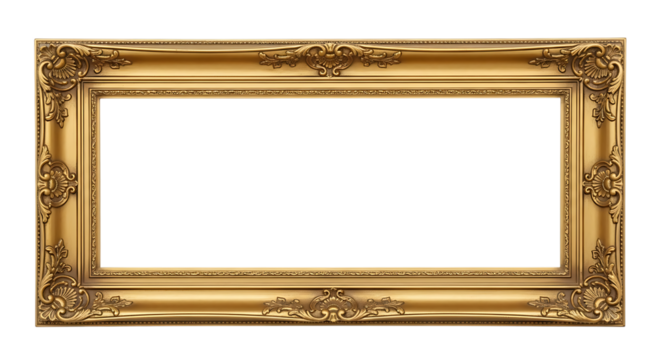 Ornate golden picture frame with intricate carvings isolated on transparent background