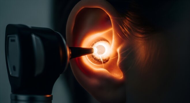 Doctor examining patient's ear with otoscope in medical setting  