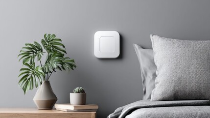 Modern bedroom interior with smart home device on the wall and decor