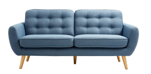 Upholstered blue two-seater sofa with tufted back and tapered wooden legs
