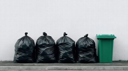 Black trash bags and a green bin sit against a white wall on a sidewalk.