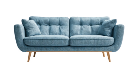 A modern, tufted, light blue fabric sofa with wooden legs