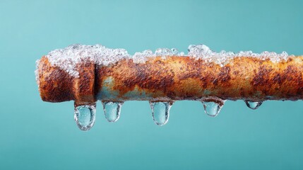 Rusty pipe with ice and water droplets against a vibrant teal background