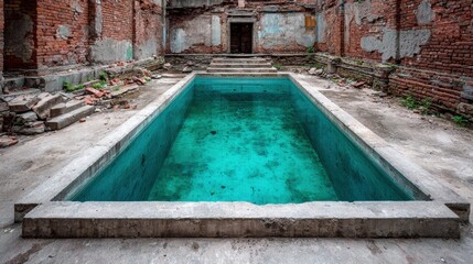 Abandoned swimming pool in a derelict brick building
