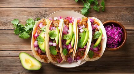 carnitas. Flat lay of Mexican street tacos with fresh ingredients, highlighting vibrant flavors and rustic appeal. menu design.