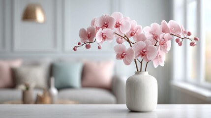 Elegant pink orchid arrangement in a white vase on a table