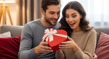 Happy European couple in a cozy room as the man gives the woman a heart-shaped gift box, creating a warm and romantic Valentine’s Day moment.