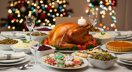 Thanksgiving dinner table with roasted turkey and festive dishes  