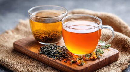 Two cups of tea with tea leaves on a wooden board.