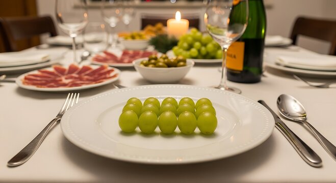 Elegant dinner table setting with grapes, wine, and cured meats  