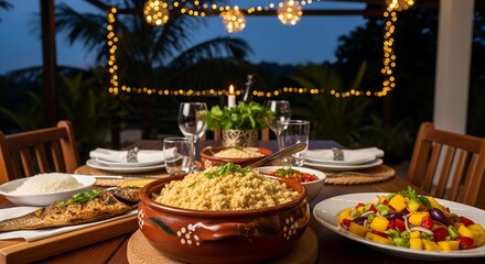 Dinner table set with delicious pasta and fresh salad outdoors at night  