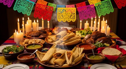 Celebratory feast with tamales, candles, and colorful decorations  