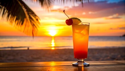 Tropical Sunset Cocktail on Beach Table
