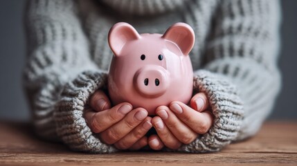 Hands holding a pink piggy bank