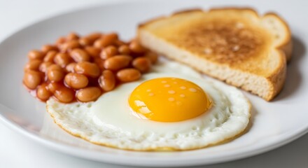 Fried egg with baked beans and toasted bread on a white plate  