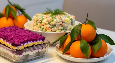 Colorful festive salad and dessert with oranges on a table  