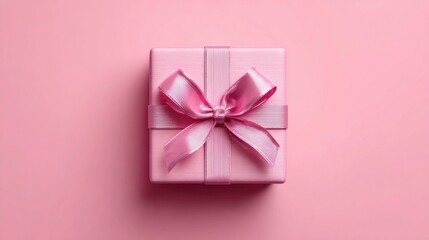 Elegant pink gift box with satin ribbon and bow on a matching background