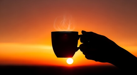 Hand holding steaming cup against sunset background  