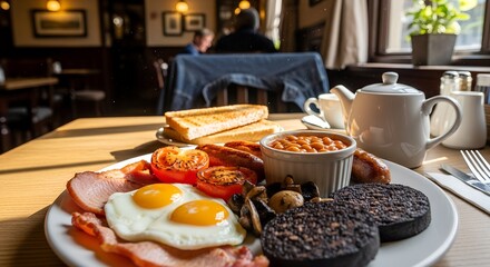 Full English breakfast with eggs, bacon, beans, and toast on table  