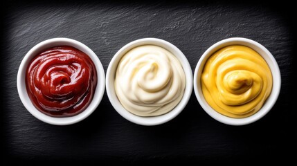 Bowls of ketchup, mayonnaise, and mustard on a dark background