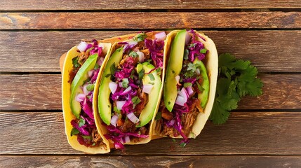 carnitas. Flat lay of Mexican street tacos with fresh ingredients, highlighting vibrant flavors and rustic appeal. menu design.