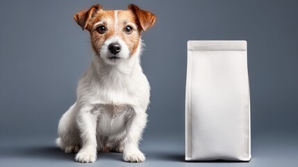 Adorable Jack Russell Terrier with blank white food bag on a gray background