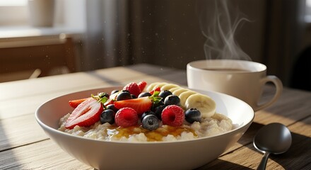 Healthy breakfast bowl with fruits and coffee on wooden table  
