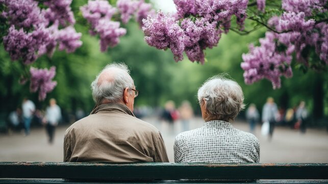 Elderly couple enjoying a peaceful moment in a park under blooming lilac trees